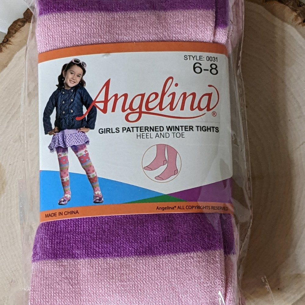 NIB Angelina Girl's Pink Purple Stripe Winter Tights Size 6-8 (Bundle)